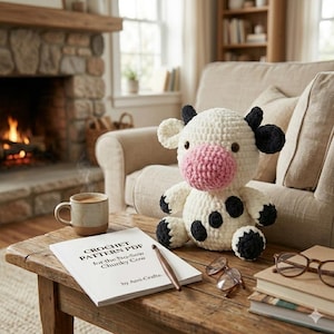 May include: A crocheted cow plush toy with black spots, ears, and hooves, and a pink snout sits on a wooden table. A book titled "CROCHET PATTERN PDF for the No-Sew Chunky Cow" is open next to the toy. A cup of coffee and glasses are also on the table.