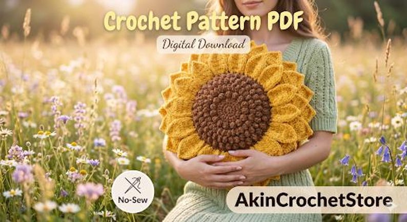 Op de afbeelding: Een gehaakt zonnebloemkussen met gele bloemblaadjes en een bruin centrum wordt vastgehouden voor een persoon in een veld met wilde bloemen. De tekst "Crochet Pattern PDF" en "Digital Download" zijn zichtbaar. De afbeelding bevat ook de tekst "No-Sew" en "AkinCrochetStore".