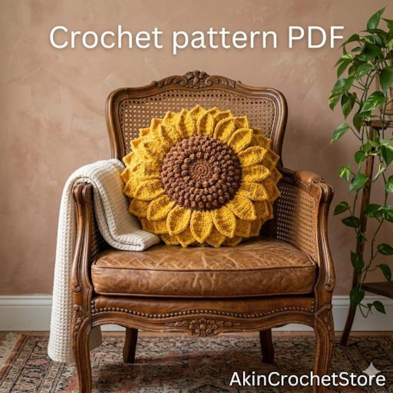 Op de afbeelding: Een gehaakt zonnebloemkussen met een bruin midden en gele bloemblaadjes ligt op een vintage leren stoel. Een cr&egrave;mekleurige deken is over de arm van de stoel gedrapeerd. De tekst "Crochet pattern PDF" is zichtbaar.