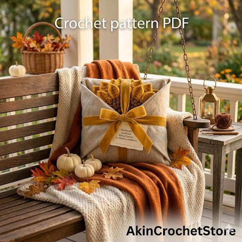 Op de afbeelding: Een gezellige herfstsc&egrave;ne met een gehaakt zonnebloemkussen verpakt in een beige stof en vastgebonden met een mosterdgeel lint. Het kussen ligt op een houten bank met een deken, pompoenen en herfstbladeren. De tekst "Crochet pattern PDF" is zichtbaar.