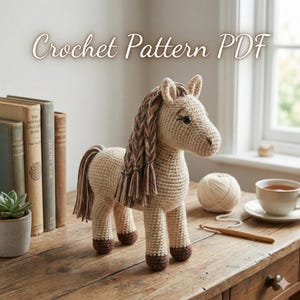 Pode incluir: Um cavalo de crochê em tons bege e castanho está sobre uma superfície de madeira. O cavalo tem uma crina e cauda trançadas, com cascos castanhos escuros. O texto "Crochet Pattern PDF" é exibido acima do cavalo.