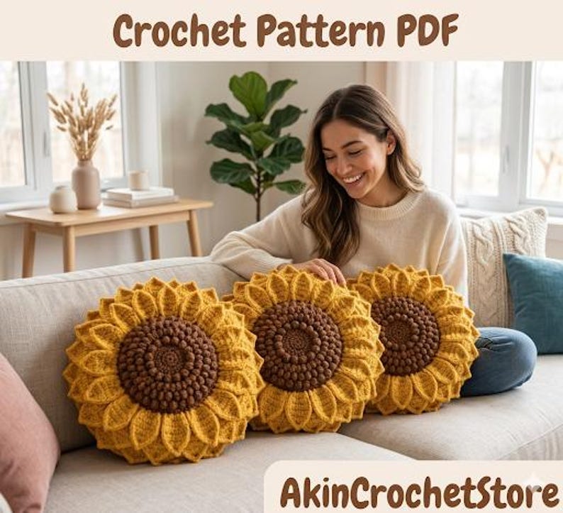 Op de afbeelding: Drie gehaakte zonnebloemkussens met gele bloemblaadjes en bruine centra worden getoond op een beige bank. De kussens zijn rond en hebben een getextureerd uiterlijk. De tekst "Crochet Pattern PDF" staat bovenaan de afbeelding.