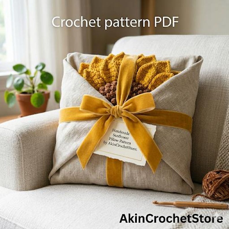 Op de afbeelding: Een gehaakt zonnebloemkussen verpakt in een linnen stof, vastgebonden met een mosterdgeel fluwelen lint. Het kussen ligt op een neutraal gekleurde fauteuil. De tekst "Crochet pattern PDF" en "AkinCrochetStore" zijn zichtbaar.