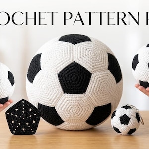 May include: Image of crochet footballs in different sizes, including a large ball, two smaller balls held in hands, a small keychain ball, and a black and white pentagon shape. The text "CROCHET PATTERN PDF" is at the top.