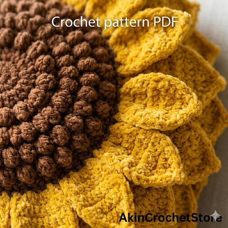 Op de afbeelding: Close-up van een gehaakte zonnebloem met een getextureerd bruin centrum en gele bloemblaadjes. De tekst "Crochet pattern PDF" is zichtbaar. Het AkinCrochetStore-logo staat rechtsonder. Handgemaakt item.