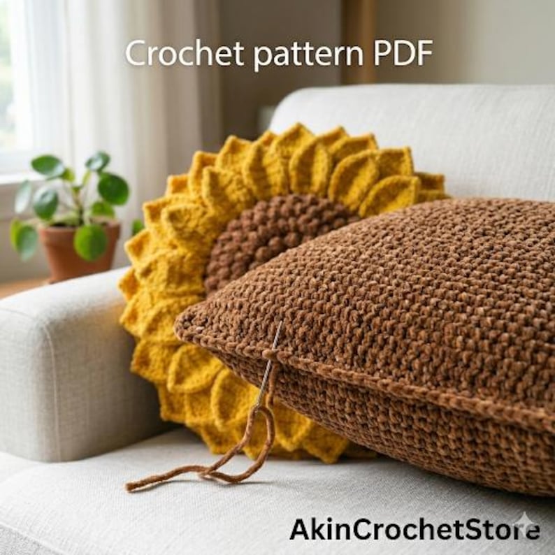 Op de afbeelding: Twee gehaakte kussens liggen op een witte bank. E&eacute;n is in de vorm van een zonnebloem, met gele bloemblaadjes en een bruin midden. De andere is een vierkant, getextureerd bruin kussen. De tekst "Crochet pattern PDF" is zichtbaar.