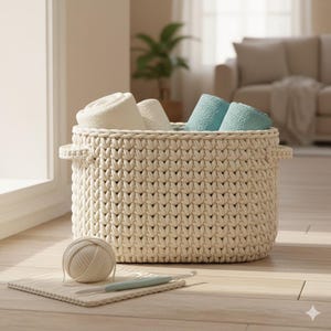 Könnte beinhalten: Ein cremefarbener, handgehäkelter Korb gefüllt mit gerollten weißen und türkisfarbenen Handtüchern. Ein Knäuel Garn, ein Häkelhaken und ein kleines Quadrat aus gehäkeltem Stoff liegen vor dem Korb. Der Korb hat zwei Griffe.