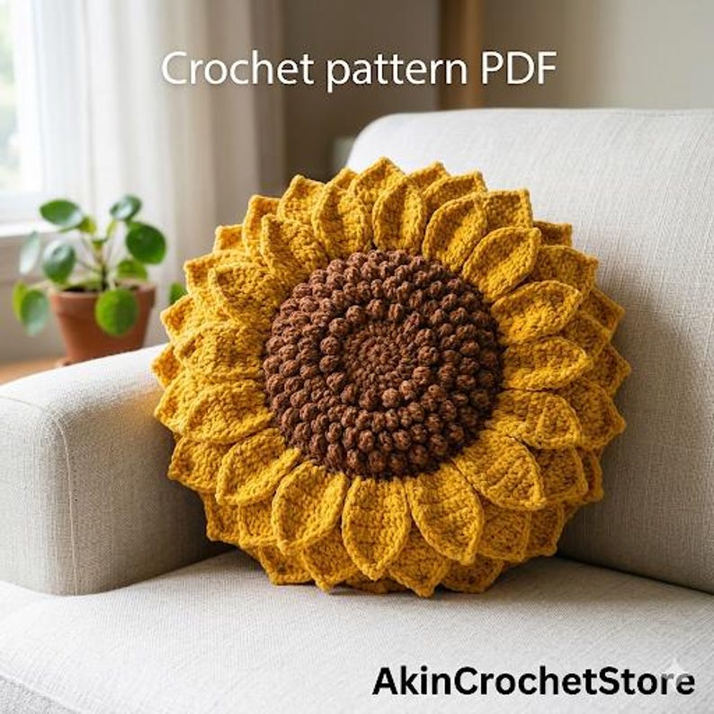 Op de afbeelding: Een rond, gehaakt zonnebloemkussen met een bruin midden en gele bloemblaadjes ligt op een lichtgekleurde bank. De tekst "Crochet pattern PDF" is bovenaan zichtbaar. De winkelnaam "AkinCrochetStore" staat onderaan.