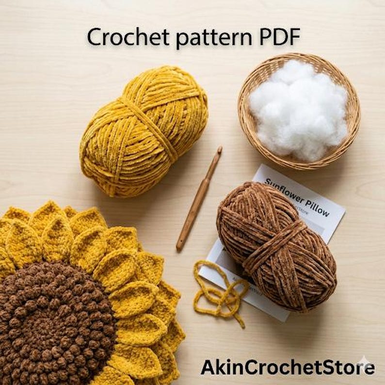 Op de afbeelding: Een gehaakt zonnebloemkussen met gele en bruine wol, een houten haaknaald en een mandje met witte vulling. De afbeelding bevat ook twee strengen garen en een gedrukt patroon met de tekst "Sunflower Pillow". De tekst "Crochet pattern PDF" staat bovenaan.
