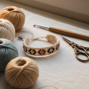 以下が含まれることがあります： 赤、黄、緑、青の花柄が施されたクリーム色の手編みブレスレット。 ブレスレットの隣には、クリーム、タン、ブルーの糸玉がいくつかあり、かぎ針とかわいいハサミも写っています。 手芸用品。