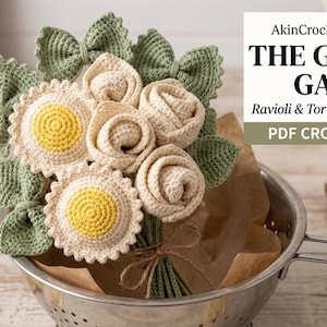 May include: AkinCrochetStore presents a unique crochet flower bouquet. The bouquet features cream-colored roses and ravioli-shaped flowers with yellow centers, accented by green bow-tie pasta leaves. The Gourmet Garden PDF crochet pattern is displayed.