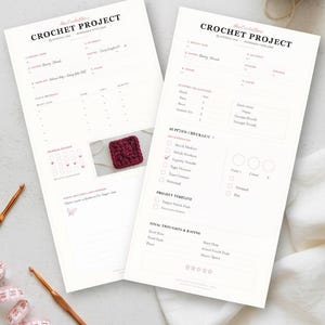 May include: Two printable crochet pattern planner sheets with the text "CROCHET PROJECT" and a supplies checklist. A small burgundy crochet square is shown. The text "Printable Crochet Pattern Planner" is at the bottom.