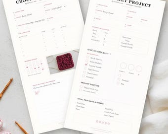 May include: Two printable crochet pattern planner sheets with the text "CROCHET PROJECT" and a supplies checklist. A small burgundy crochet square is shown. The text "Printable Crochet Pattern Planner" is at the bottom.