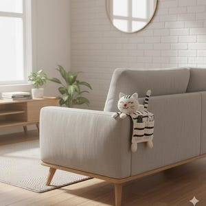 Organizador de reposabrazos con diseño de gato a rayas / Soporte para control remoto de ganchillo hecho a mano