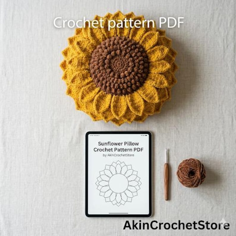 Op de afbeelding: Een gehaakt zonnebloemkussen met een bruin midden en gele bloemblaadjes. Een tablet toont een haakpatroon voor een zonnebloemkussen. Een haaknaald en een bol bruin garen zijn ook aanwezig. De tekst "Crochet pattern PDF" en "Sunflower Pillow Crochet Pattern PDF" zijn zichtbaar.
