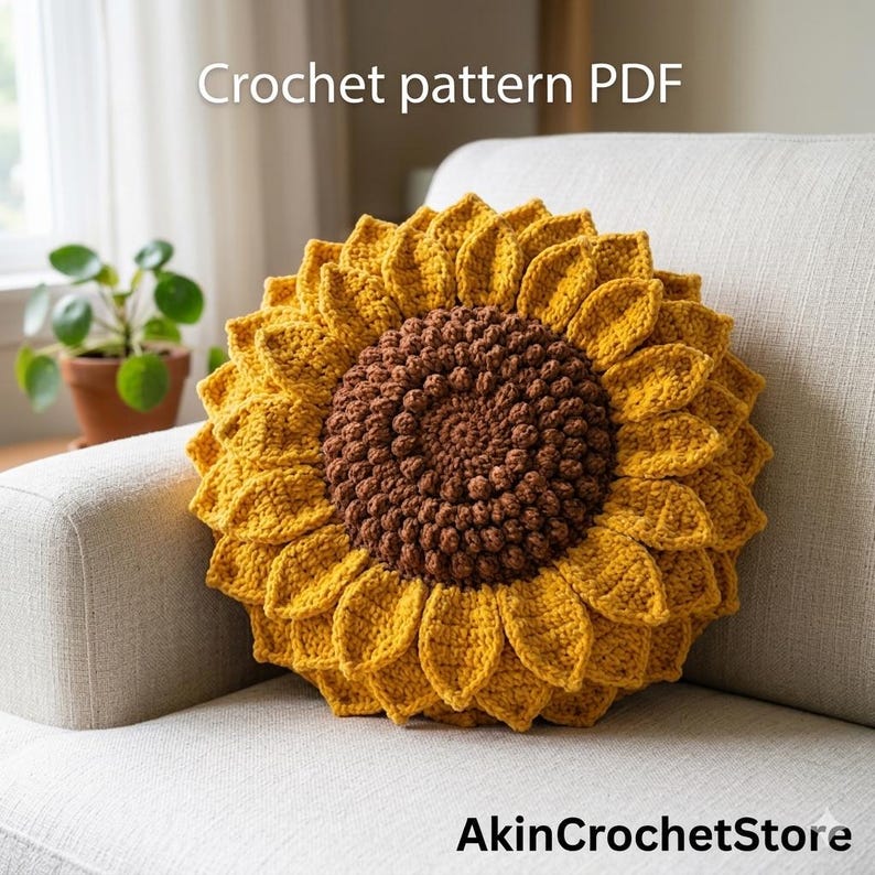 Op de afbeelding: Een gehaakt zonnebloemkussen met een bruin midden en gele bloemblaadjes ligt op een lichtgrijze bank. De tekst "Crochet pattern PDF" staat bovenaan en "AkinCrochetStore" onderaan.