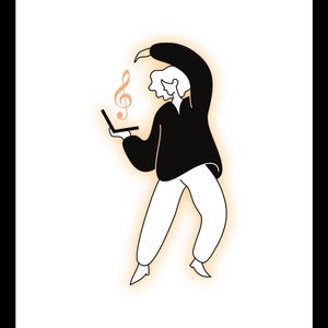 Puede incluir: Ilustración minimalista de una persona bailando con un portátil y una nota musical. La figura lleva una parte superior negra y pantalones blancos, con un resplandor naranja a su alrededor y los elementos musicales. La obra es moderna.