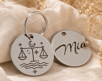 Llavero con signo del zodiaco, de acero inoxidable, redondo y con grabado personalizado.