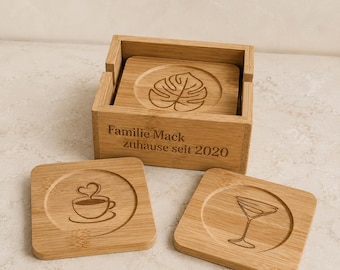 Juego de 6 posavasos de bambú con diseños personalizados | Posavasos de vidrio grabados | Regalo ideal para inauguración de casa, bodas y cumpleaños | FSC®