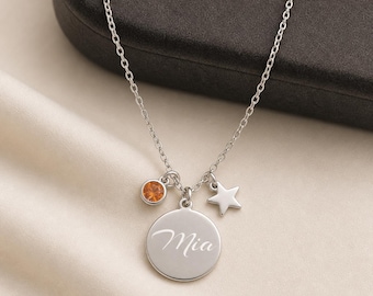 Collar personalizado con grabado y piedra de nacimiento – collar de acero inoxidable con nombre, estrella o trébol – regalo para mujeres / damas / niñas