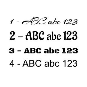 May include: A black text graphic displaying four numbered rows. Row 1 shows cursive lettering, row 2 shows a decorative serif font, row 3 shows a blocky stencil-style font, and row 4 shows a clean sans-serif font. Each row includes ABC, abc, 123.