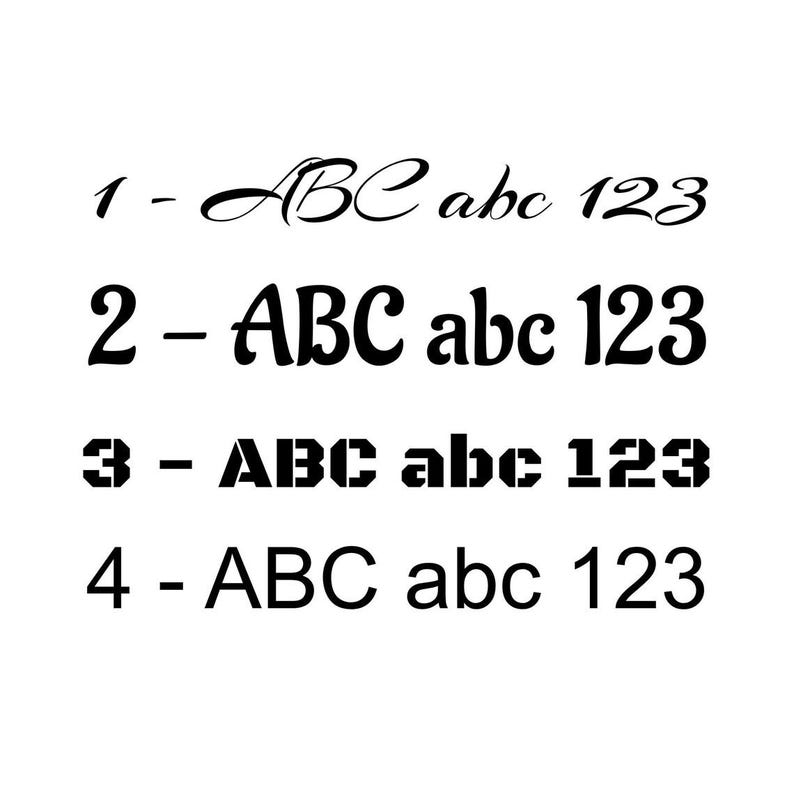 May include: A black text graphic displaying four numbered rows. Row 1 shows cursive lettering, row 2 shows a decorative serif font, row 3 shows a blocky stencil-style font, and row 4 shows a clean sans-serif font. Each row includes ABC, abc, 123.