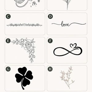 May include: A selection chart titled MOTIVAUSWAHL featuring ten black and white line art designs labeled A through J. Options include a yarn heart, lily of the valley, floral border, the word love, a peony corner, infinity heart, clover, sprig, heart, and candies.