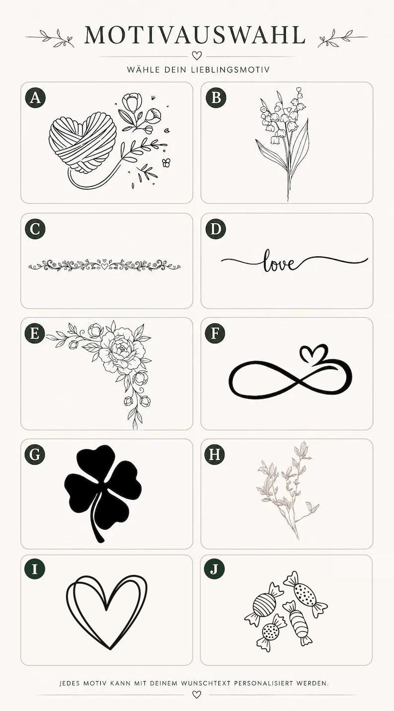 May include: A selection chart titled MOTIVAUSWAHL featuring ten black and white line art designs labeled A through J. Options include a yarn heart, lily of the valley, floral border, the word love, a peony corner, infinity heart, clover, sprig, heart, and candies.