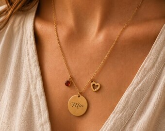Collar personalizado con grabado, dije y piedra de nacimiento – collar con nombre de acero inoxidable con colgante – regalo para mujeres / damas / niñas