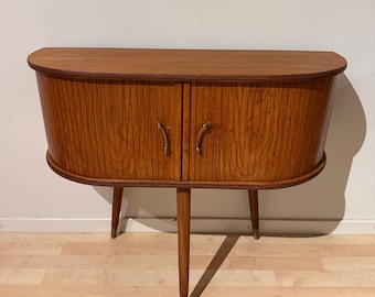 Mid Century Teak Cabinet with Sliding Doors, Retro Rounded Corner Console, Vintage Bedside Table or Entryway Storage with Brass Legs