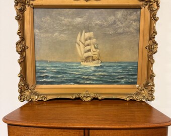 Scandinavian School Sail Ship Painting, Antique Framed Maritime Art