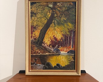 Vintage Autumn Landscape Oil Painting – Tree by River – Original Artwork on Canvas with Frame