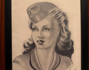 Vintage 1940s Pencil Portrait Woman – Signed Drawing 1943 – WWII Era Female Portrait – Retro Military Style Art