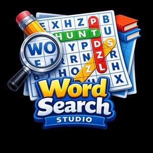 Könnte beinhalten: Bunte Illustration eines Wortsuchrätsels mit Bleistift, Lupe und Büchern. Das Wort "HUNT" ist grün markiert. Das Logo zeigt "Word Search Studio" in Blau und Gelb.