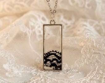 Navy Lace Resin Rectangle Necklace – Handmade Silver Pendant, Minimal Elegant Jewellery, Gift for Her