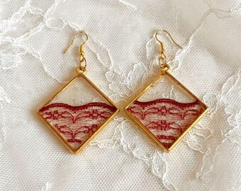 Burgundy Lace Resin Diamond Drop Earrings – Handmade Elegant Earrings, Gold Frame, Gift for Her