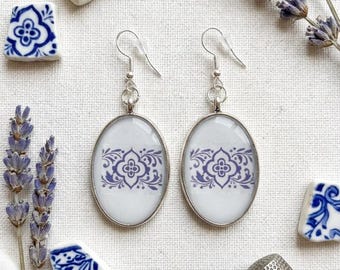 Santorini Bloom Earrings – Blue Ceramic Style Resin Earrings, Greek Pattern Jewellery, Mediterranean Inspired Gift