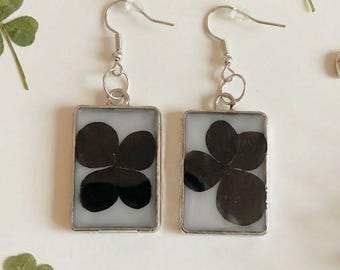 Pressed Four-Leaf Clover Earrings – Handmade Botanical Resin Earrings, Silver Rectangle Dangle Earrings, Lucky Gift
