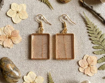 Handmade Botanical Leaf Earrings – Gold Rectangle Resin Earrings with Pink Leaf, Nature Inspired Jewellery