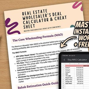 Real Estate Wholesaling Calculator & Cheat Sheet | MAO Formula, Rehab Estimation (Digital Download)