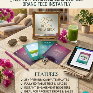 Könnte beinhalten: Ein digitales Marketing-Vorlagenset mit über 25 Canva-Designs für eine Villenterrasse. Enthält ein goldgerahmtes Schild, quadratische Karten mit Text wie 'Couple Up' und 'This or That', ein Tablet, einen rosa Stift und einen Palmenanhänger.