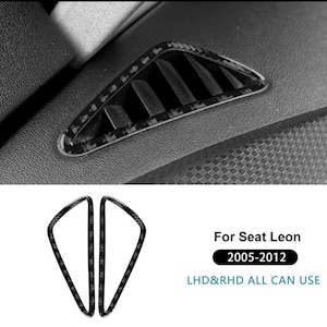 Op de afbeelding: Zwarte en grijze set ventilatietrim en frame voor het interieur van de auto. Het patroon is van koolstofvezel. De tekst in de afbeelding luidt "For Seat Leon 2005-2012 LHD&RHD ALL CAN USE".
