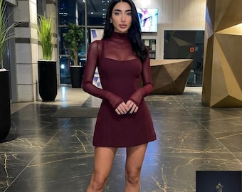 Burgundy Mesh Mini Dress, Long Sleeve Turtleneck Bodycon Party Dress