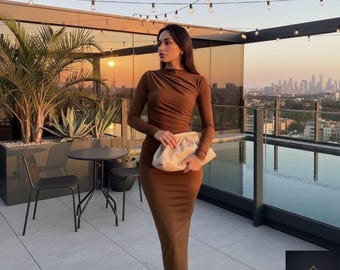 Slim Fit Long Sleeve Bodycon Maxi Dress | Elegant Stretch One-Step Skirt