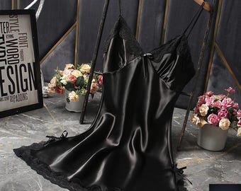 Satin Lace Nightgown Sexy Silk Sleep Dress Women Lingerie Bridal Robe