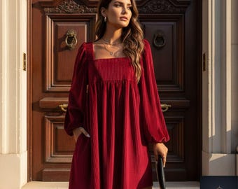 Women’s Velvet High Waist Dress – Long Sleeve Square Neck Party Mini Dress