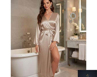 Luxury Satin Silk Robe Women Long Black Elegant Bathrobe Sleepwear