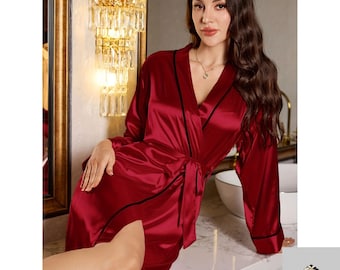 Elegant Satin Robe for Women, Short Silk Nightgown Sleepwear
