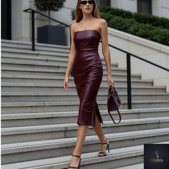 Strapless Faux Leather Midi Dress  Slim Fit Backless Party Streetwear -  Etsy Ireland