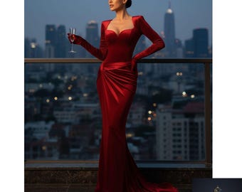Elegant Velvet Maxi Dress, Sexy Evening Gown with Long Sleeves & Slit